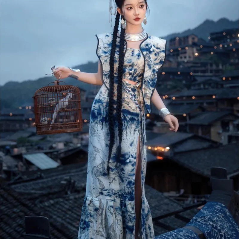 Melhorado longo Qipao elegante desempenho vestido étnico estilo roupas fotográficas