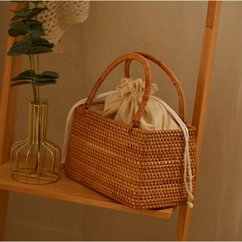 Vintage Hand Basket For Picnic Basket Travel Hand Woven Rattan Handbag Semicircular Stitching Inner Pocket