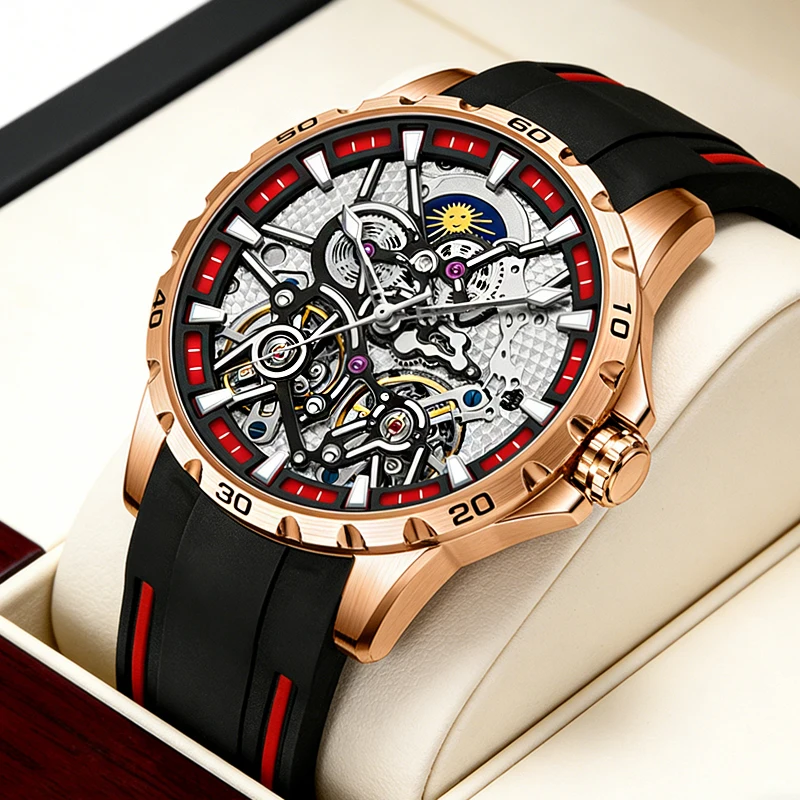 

2026 AILANG Sports Rose Gold Double Tourbillon Watches Men Moon Phase Luminous Watch Automatic Mechanical Clock Reloj