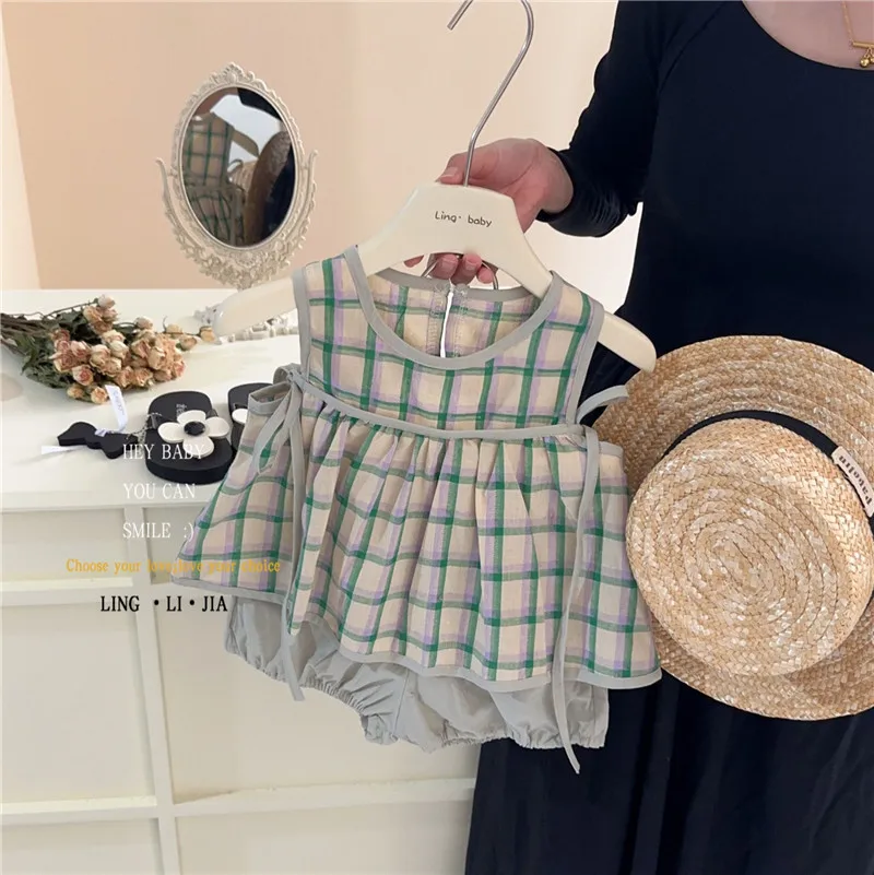 

Girl Clothes Suit South Korean Girls Summer Plaid Suit Green Little Fresh Plaid Doll Shirt Sundress Shorts Two-piece Set