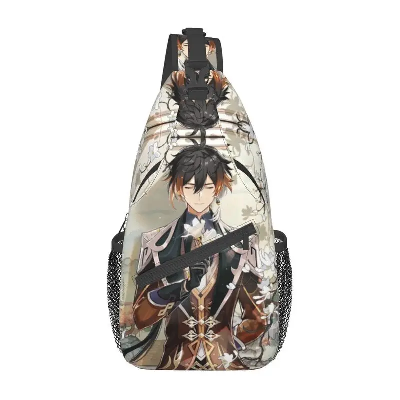 Zhongli Genshin Impact Sling Bag personalizado para hombres, mochila cruzada de hombro para el pecho, mochila de viaje para senderismo, paquete de