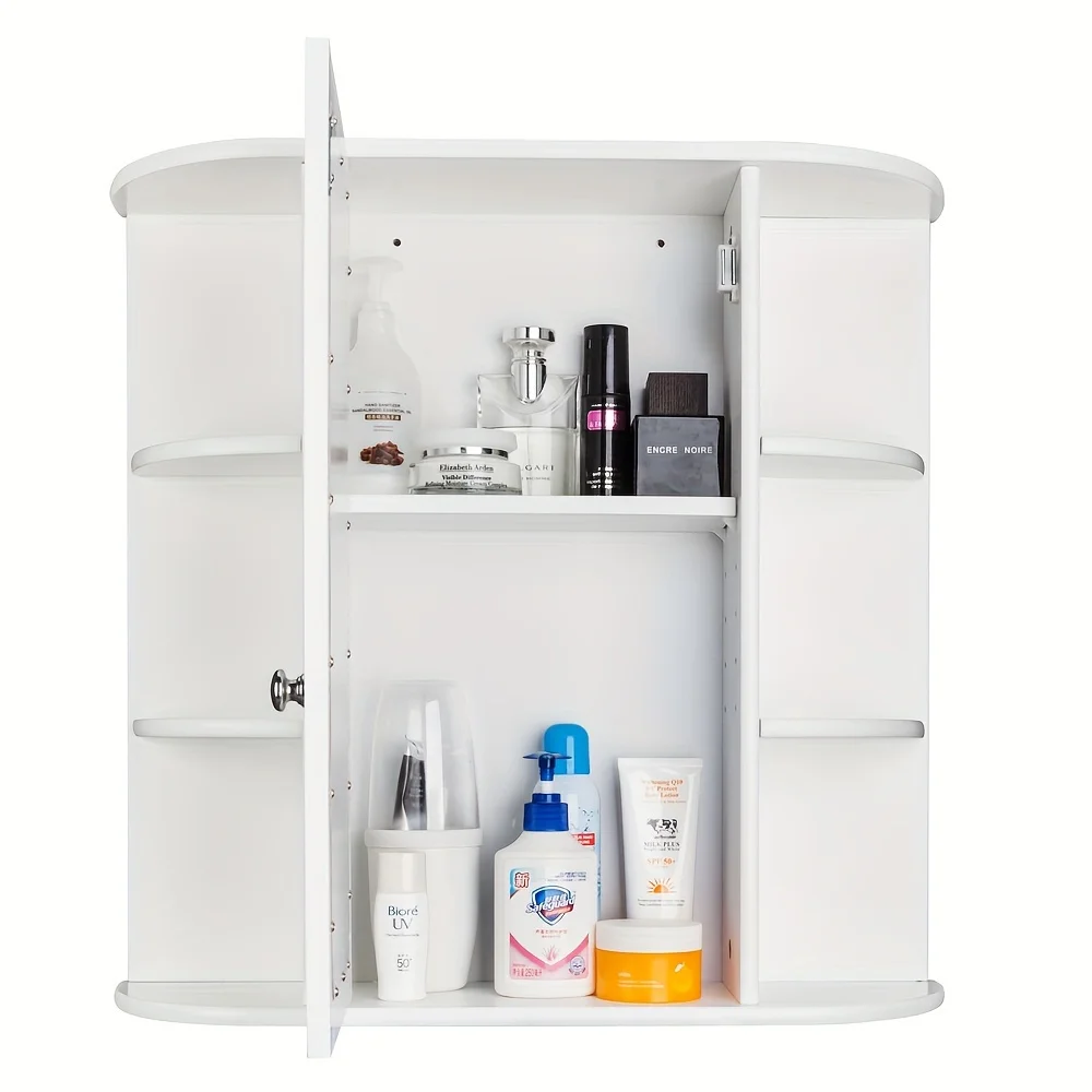 1pc Single Door Mirror Cabinet - 3-Tier Indoor Bathroom Wall Mounted Cabinet Shelf with White Finish