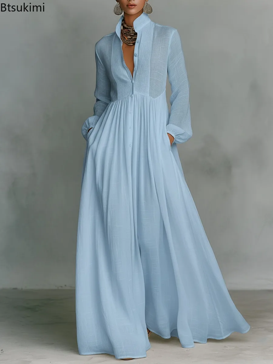 

Women's French Elegant High Waist Swing Long Dress Spring Solid Pockets Pleated Maxi Dress Autumn Long Sleeve Button Evening