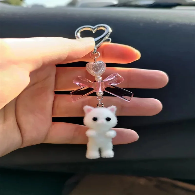 Bonito difuso Kitty coração arco Keychain, Arco rosa kawaii, Coração pérola