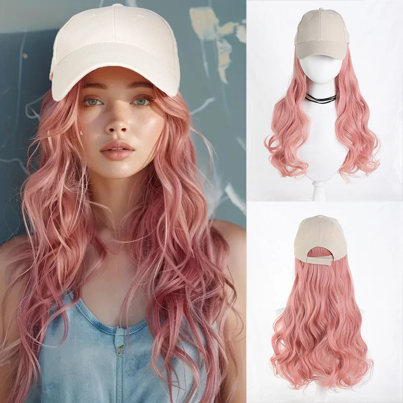 

Hat wig one-piece women's beige duckbill hat pink curly wave roll European and American fashion 20 inch wig hat