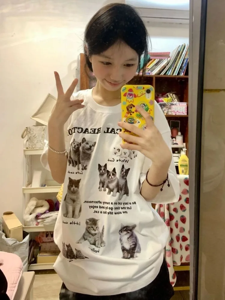 

Many Cute Cats T-shirts From Korean Culture for Women Pure Cotton Summer Fashion Trend Comfy Couple Short Sleeved Top Harajuku