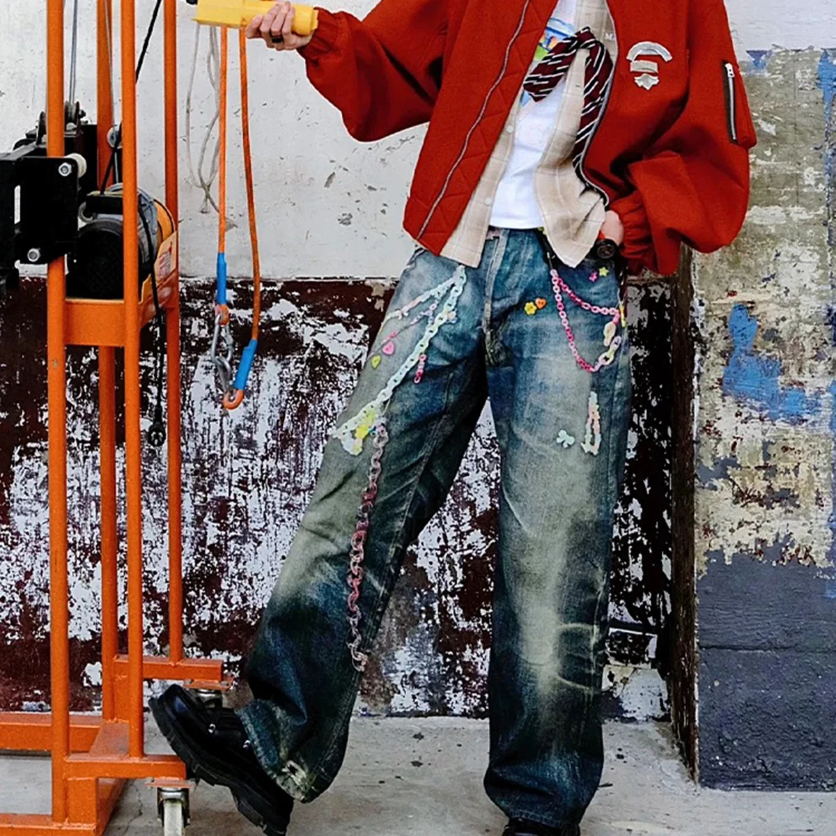خمر ثلاثية الأبعاد طباعة اللون سلسلة غسلها فضفاض الجينز للرجال والنساء مستقيم Harajuku فضفاض سراويل جينز المتضخم السراويل البضائع #2