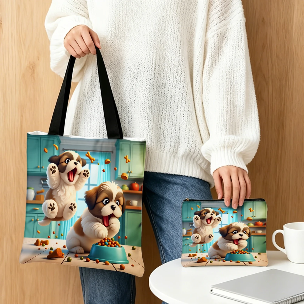 

Cute Dog Kitchen Scene Tote Bag Blue And White Print Shoulder Bags And Cosmetic Bag Combination Pet Lover Storage Pouch