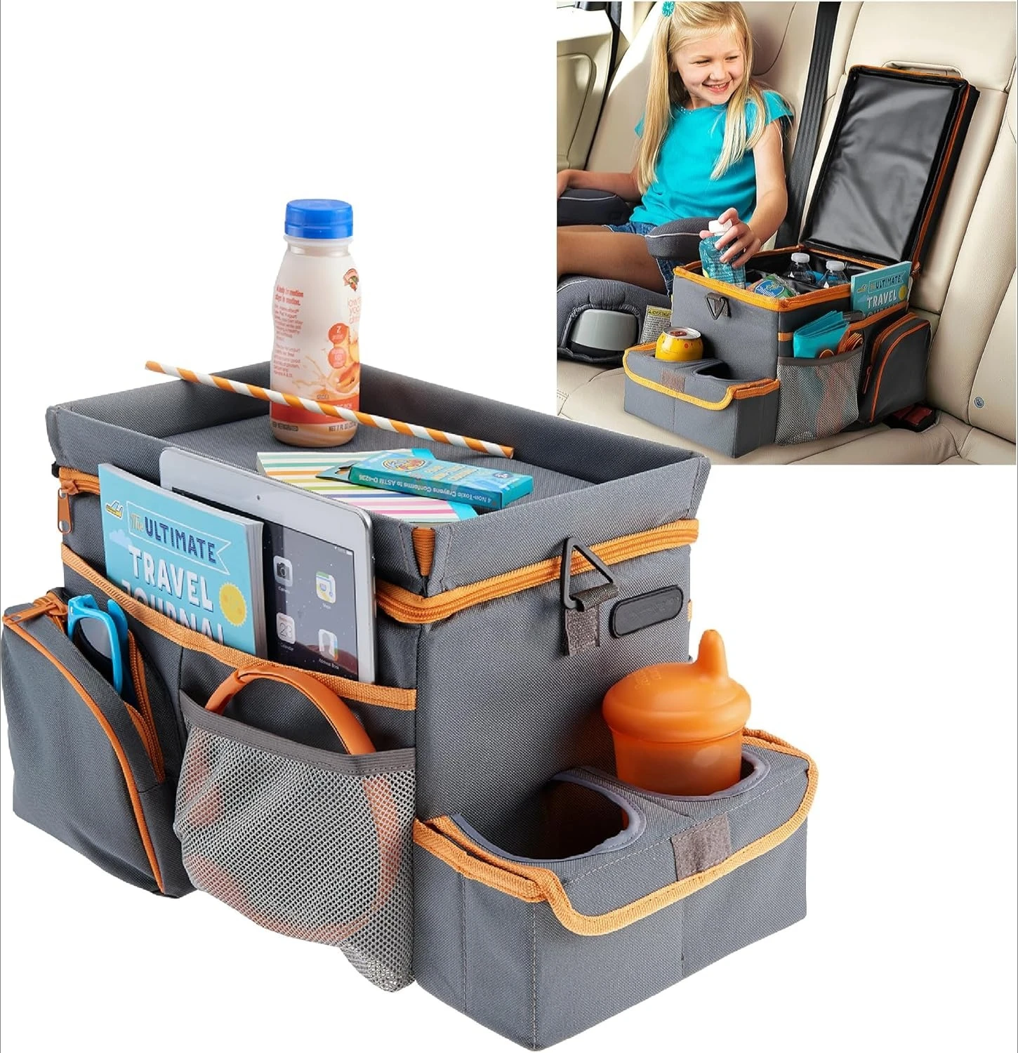 

Органайзер для автомобильного сиденья High Road CarHop для детей и взрослых с подстаканником, боковыми карманами и охлаждающим отсеком (средний размер, серый)