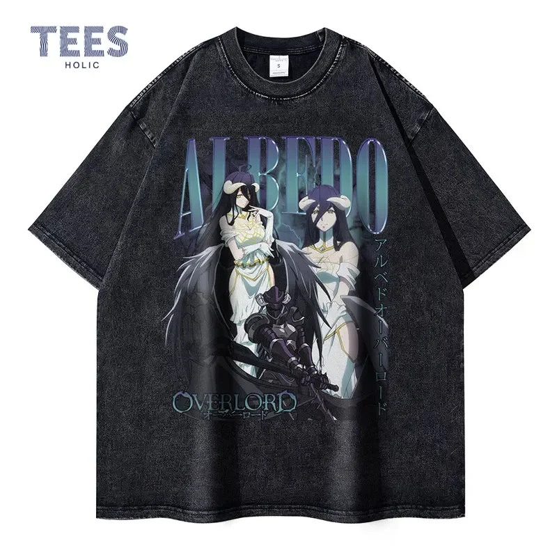 Albedo T-shirts Streewear Vintage Washed Anime Overlord T Shirt Oversized Short Sleeve Retro Manga Tops Tees Girl Women Cotton