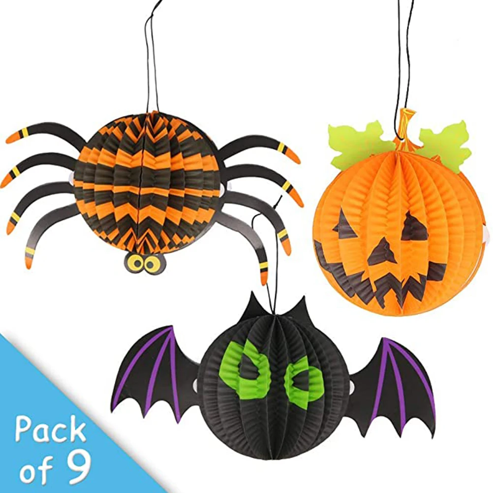 

9 Pcs Foldable Halloween Paper Lantern Bat Pumpkin Spider Festival Hanging Decor