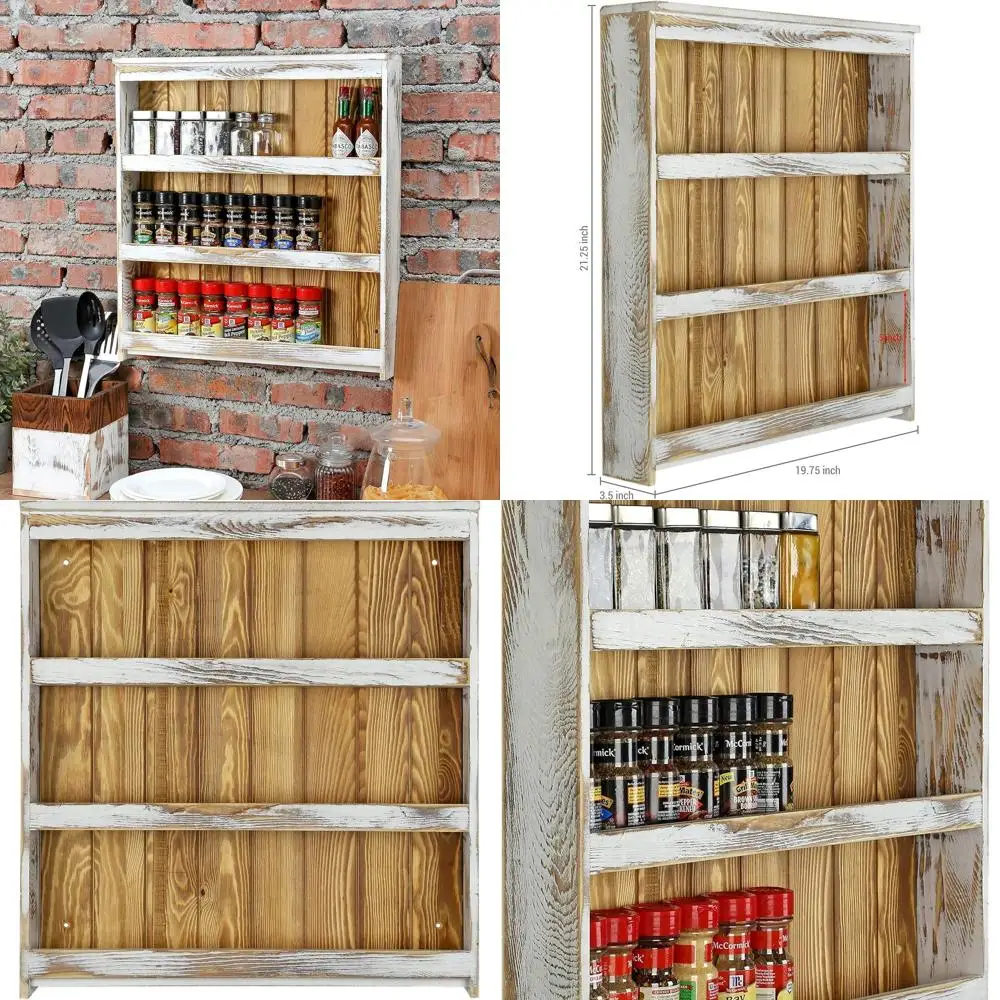 

3-Tier Wooden Wall Shelf - Rustic White Washed & Natural, Perfect for Kitchen Seasonings and Condiments