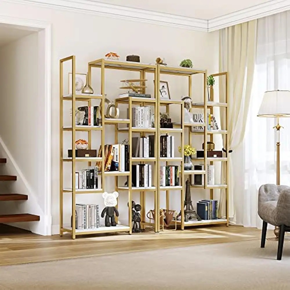 

Modern Gold and White Bookshelf Tall Marble Bookcase Display Shelves Storage Rack Open Shelf Unit