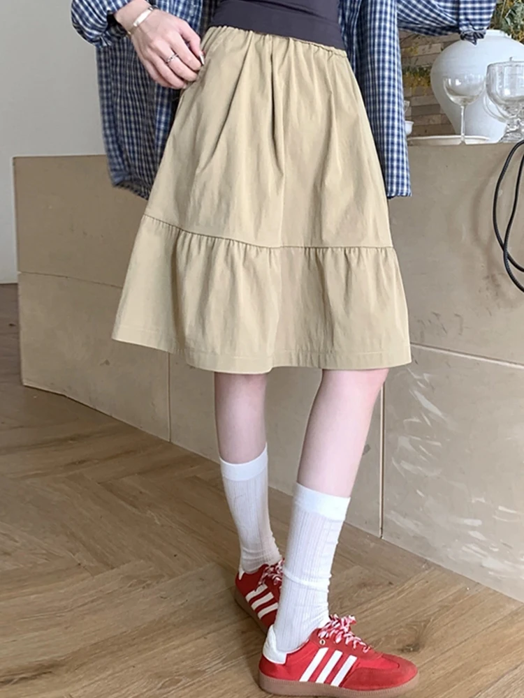 Khaki A-Line  Skirt Pure Cotton Japanese Style Design Spring New Arrival College Style Skirt with Pocket Midi Skirt