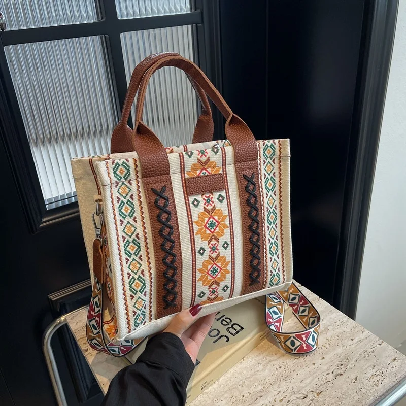 2024 Women Handbag Western Wallet Female Shoulder Bohemian Aztec Shoulder Bag Ethnic Shopping Tote Bag Large Capacity Travel Bag