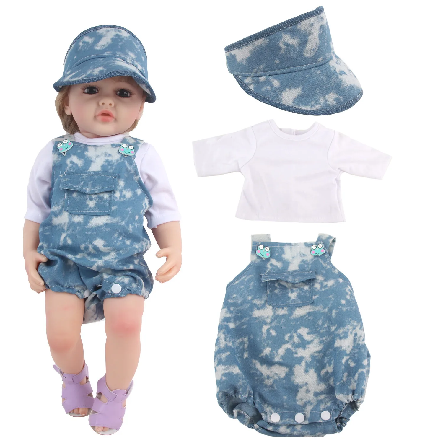 55CM Doll Clothes Set T-Shirt+Denim Jumpsuit+Hat Clothing Set For 22 Inches Baby New Born Doll Summer Suit For Dolls DIY Toy