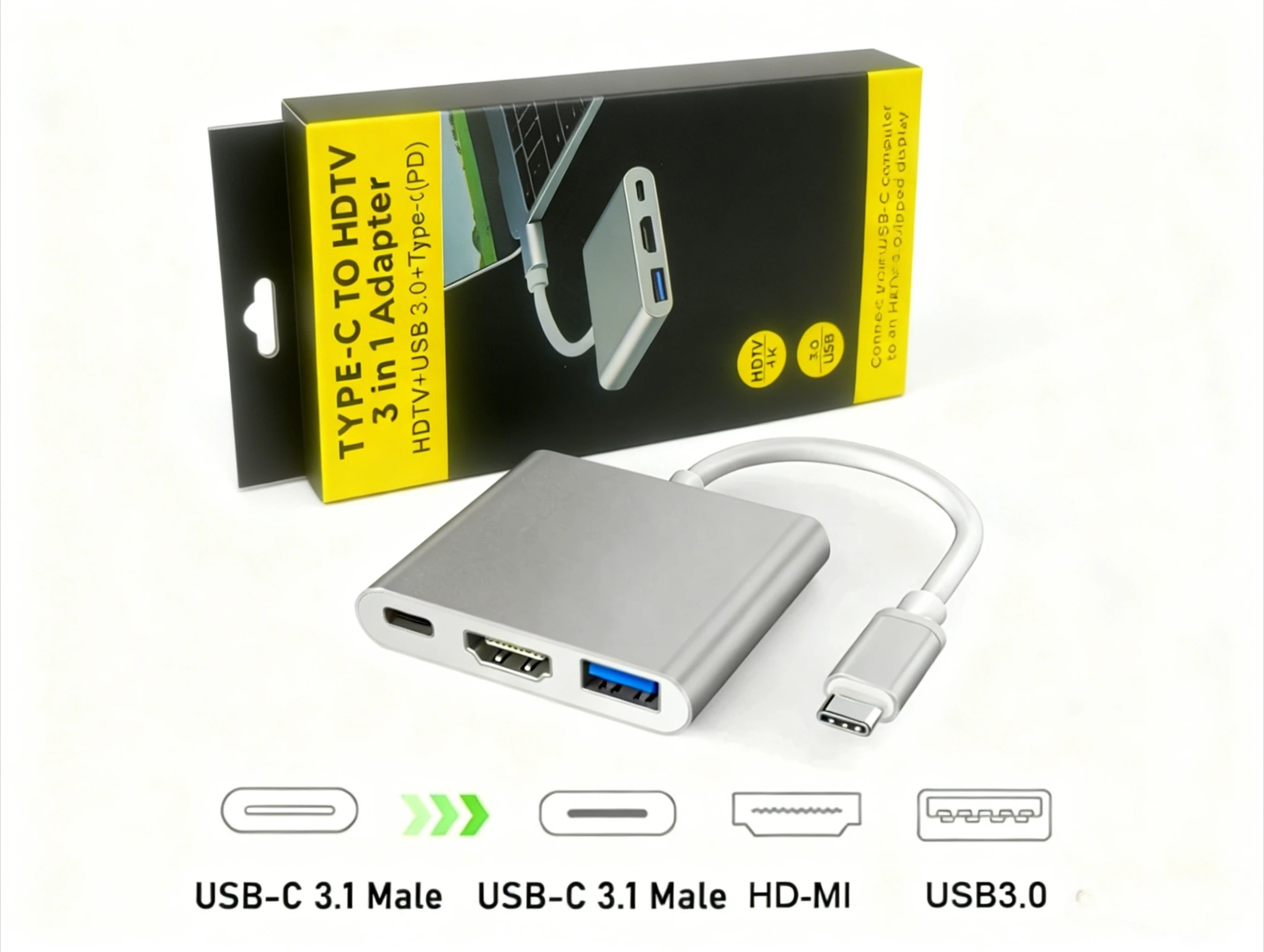 

Адаптер USB C-HDMI 4K – док-станция 3-в-1 типа C с портами HDTV USB и USB-C для ноутбуков, компьютеров, планшетов MacBook