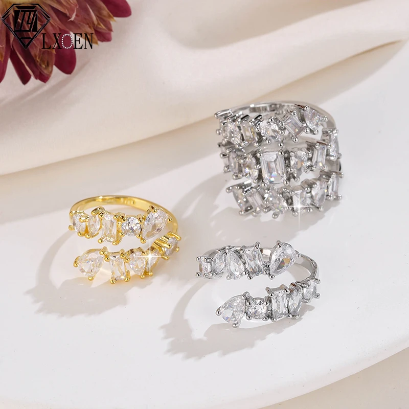 LXOEN 2022 Fashion 2 Layers Irregular AAA Cubic Zirconia Couple Wedding Open Adjust Rings for Charm Women Silver Color Jewelry
