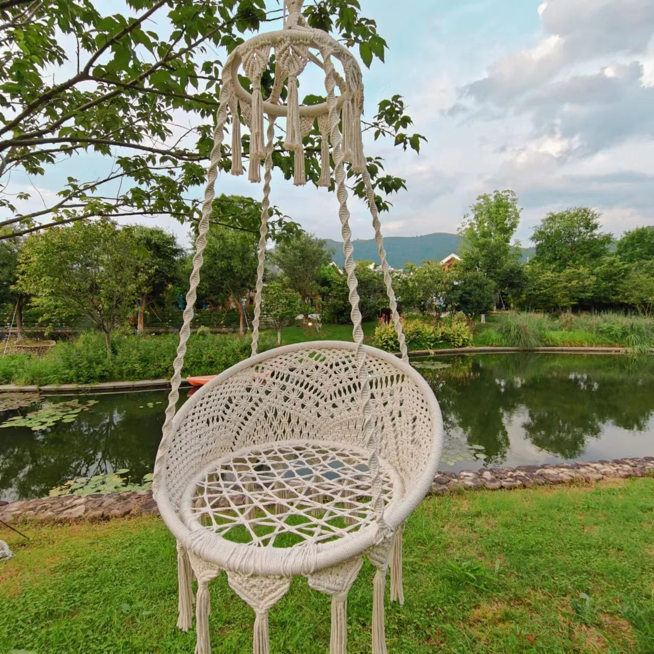 Rede de rede tecida, balanço de varanda boêmia