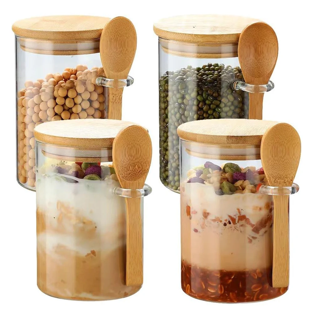 

280ml Candy Jar, Biscuit Jar, Glass Storage Jar With Sealed Bamboo Lid And Spoon - 10oz Transparent Glass Bulk Food Storage Jar