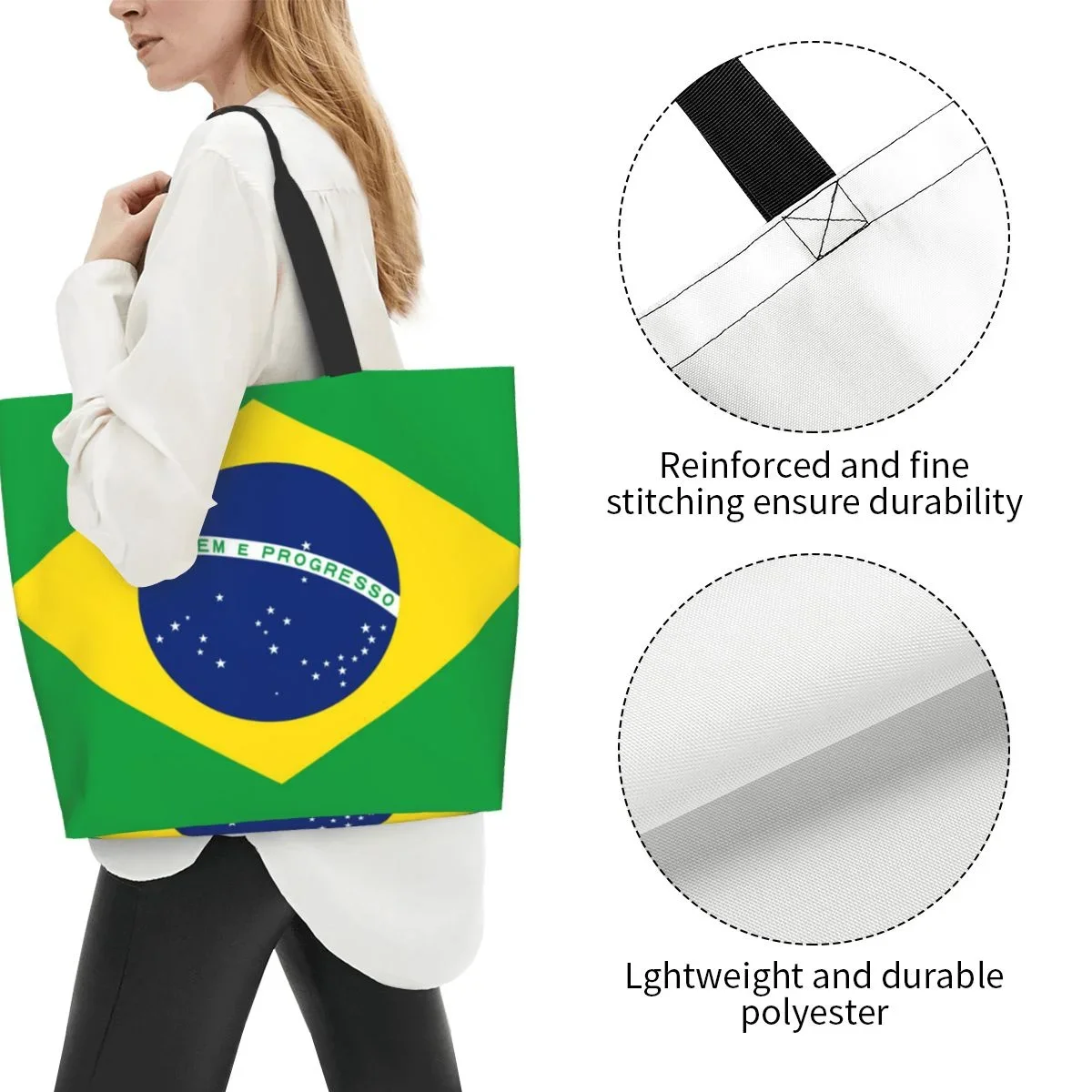 Bolsa de ombro feminina bandeira do Brasil sacola de compras de grande capacidade para mulheres