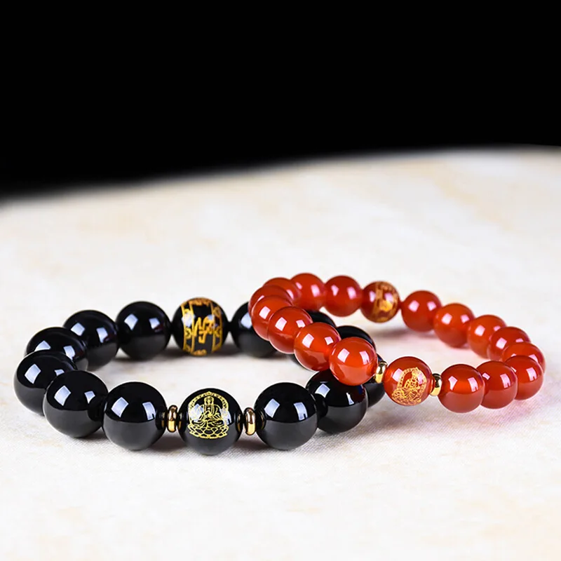 Natural Rainbow Obsidian Red Agate Chinese Zodiac Birth Buddha Gilded Six Words Mantra Beaded Bracelet Men Women 10mm 12mm 14mm