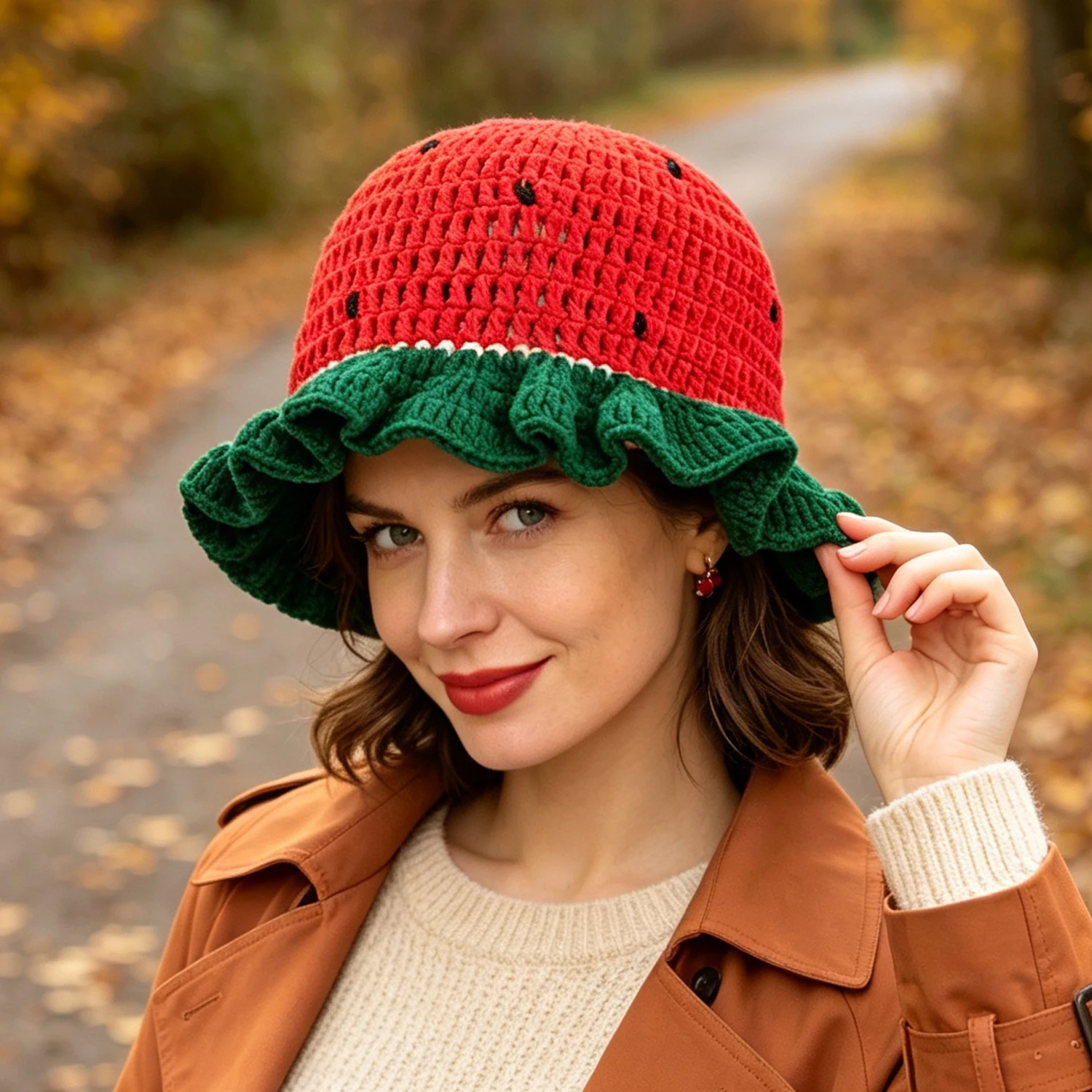 Ladies Handmade Crochet Watermelon Bucket Hat Ruffle Brim Fruit‑Themed Cute Cottagecore Contrasting Color Hollow‑Out Knit Cap