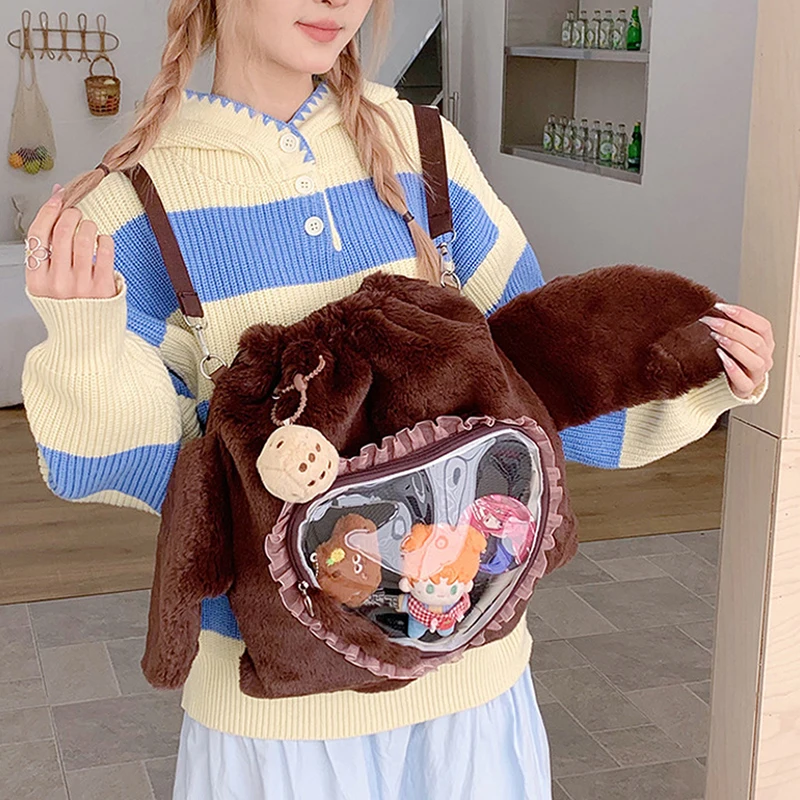 Ita Bag, Rucksack mit Klarsichtfenster, Damenmode-Plüsch-Umhängetasche mit Kordelzug, Leichte Schultasche mit großer Kapazität – Detail 18