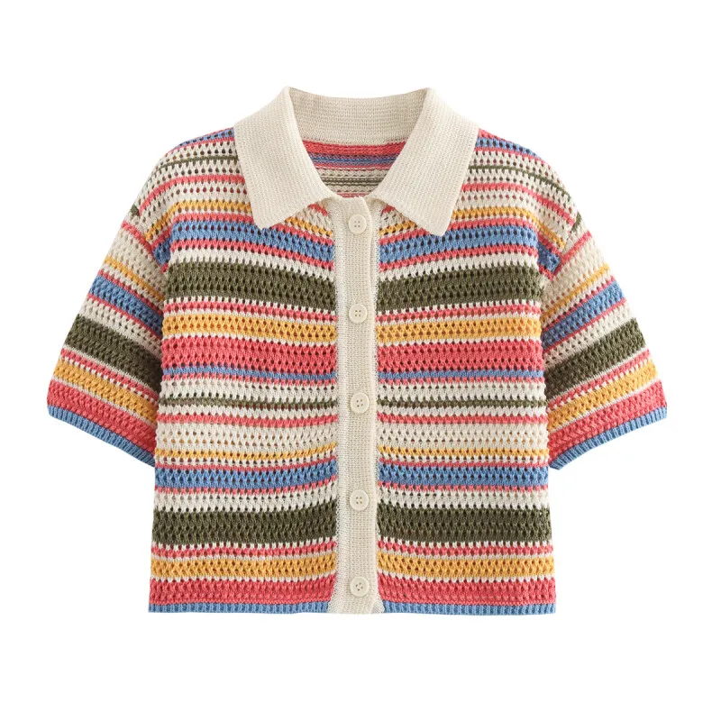 Colorful Knit Set Women Summer Collar Short Sleeve Button Top Matching Shorts Casual Comfortable Elegant Two Piece Limited Stock