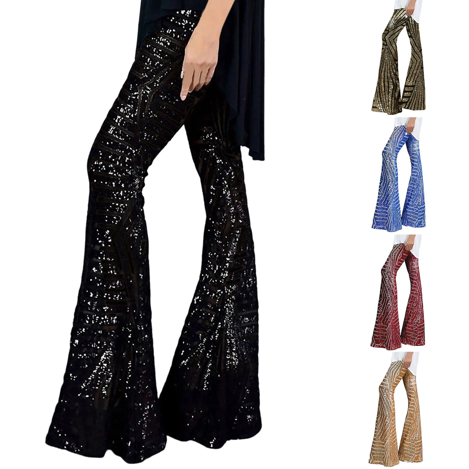 

Women Sequins Wide Leg Pants Fashion Shiny Hight Waist Flared Trousers Disco Dance Long Pants Outfits Daily Casual Bottoms