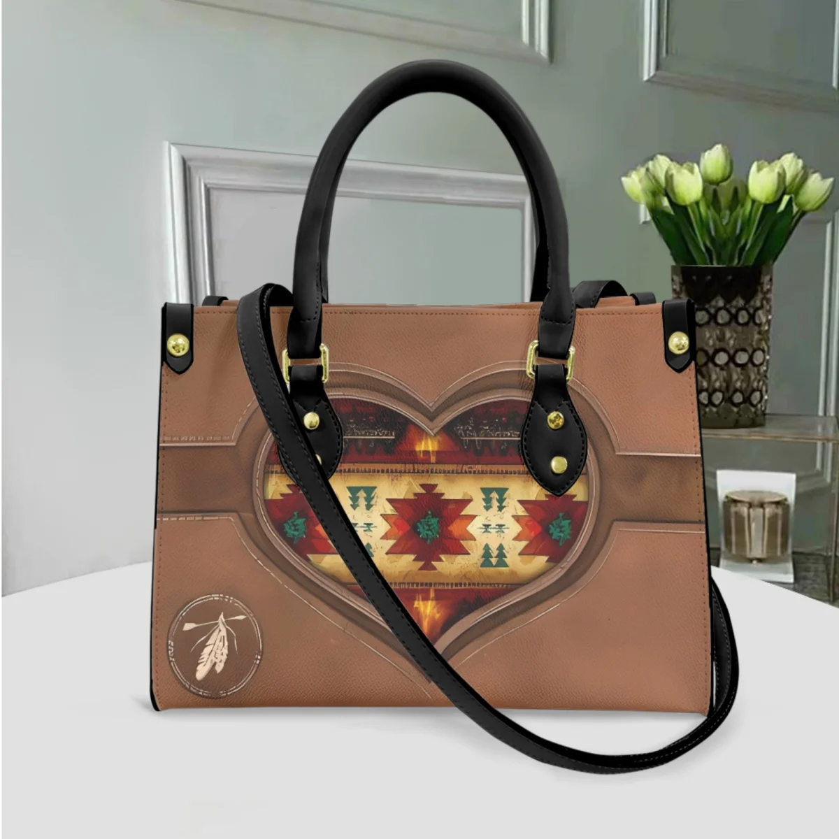 New Personalized Aztec Tribal Printing Vintage Clutch Custom Name PU Leather Commuter Pop Tote Bag Girls Party Shoulder Bag 2023