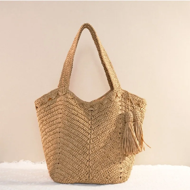 

2026 New Tassel Handmade Paper Woven Shoulder Bag Women's Casual Large-Capacity Straw Bag Beach Vacation Shopping Bag Aily Use