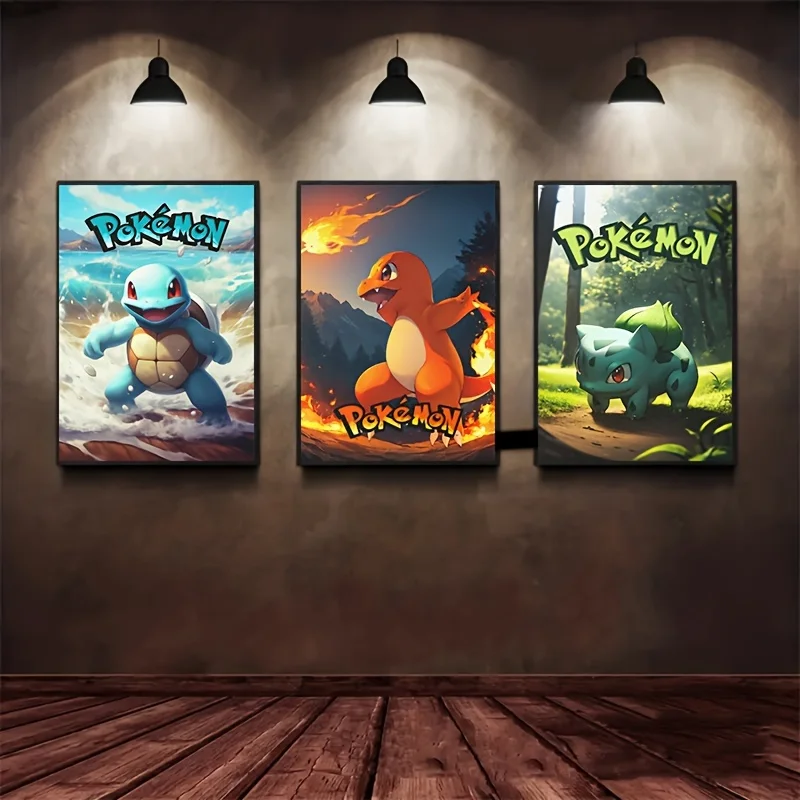 3Pcs Pokemon Poster Pikachu Charmander Squirtle Canvas Painting Japanese Anime Wall Art Wall Decor Bedroom Home Decor Unframed