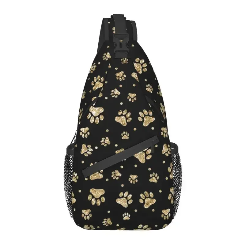 Glitter Gold Dog Paw Sling Chest Bag Custom Animal Lover Crossbody Shoulder Backpack for Men Traveling Daypack