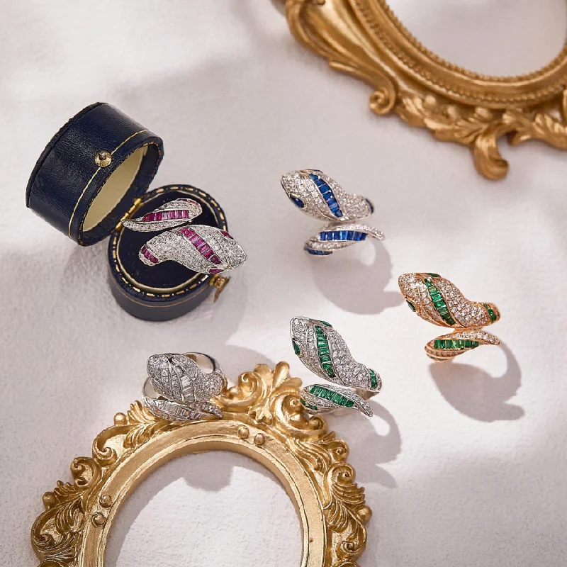 Designer Collection Fashion Style Ring Women Lady Inlay Color Cubic Zircon Plated Gold Color Snake Serpent Snakelike Rings