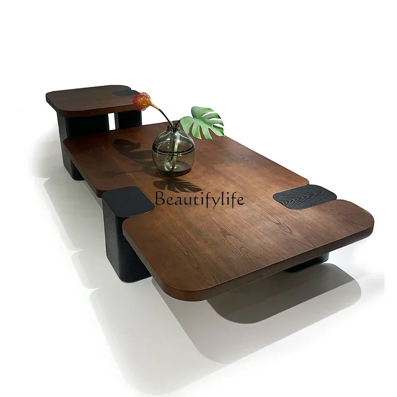 

01 Retro solid wood minimalist square size coffee table medium and ancient style baking paint high-end atmospheric side table