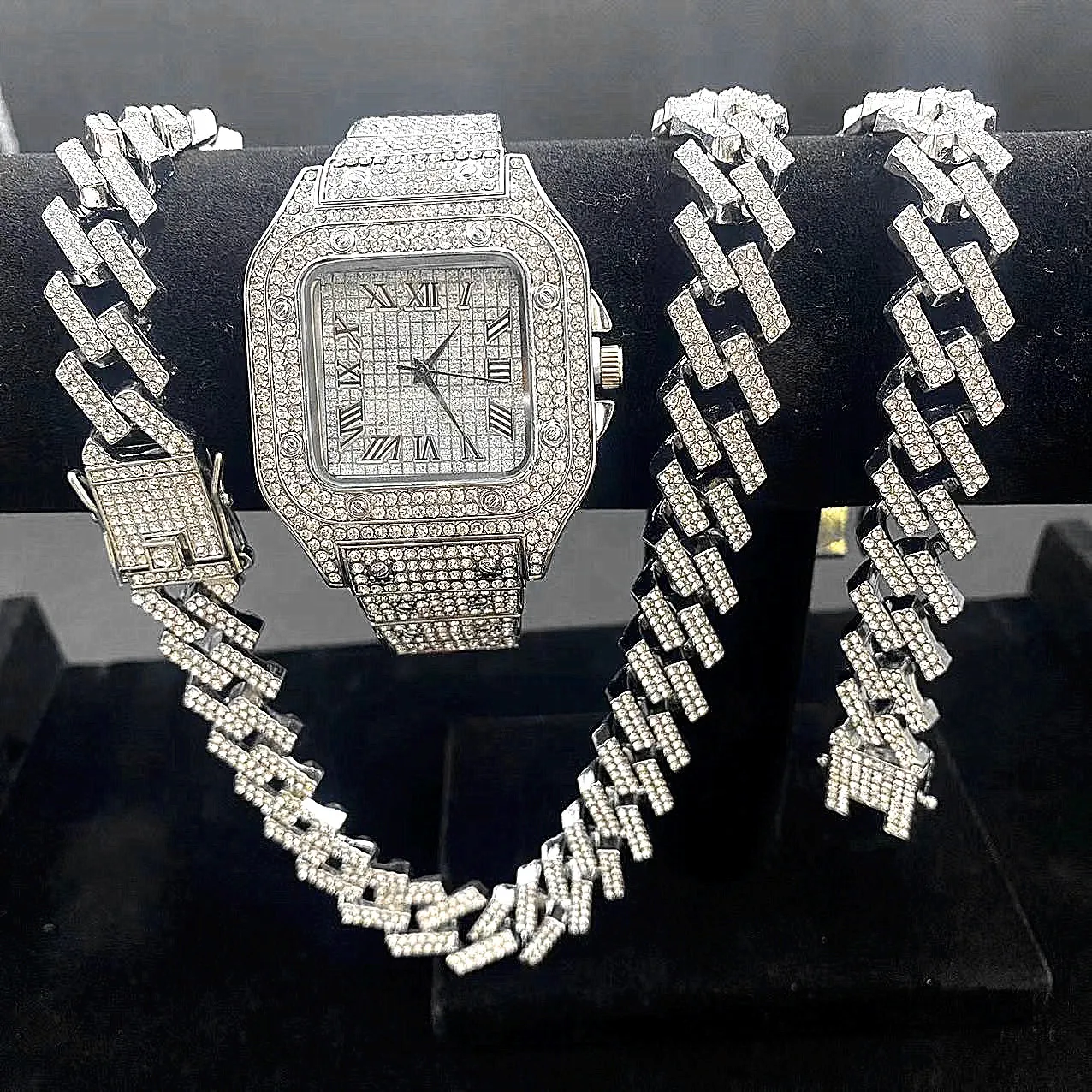 

3PCS Iced Out Watches for Men Gold Watch Quartz 15mm Cuban Link Chain Bracelet Necklace Diamond Jewelry for Men Watch Man Reloj