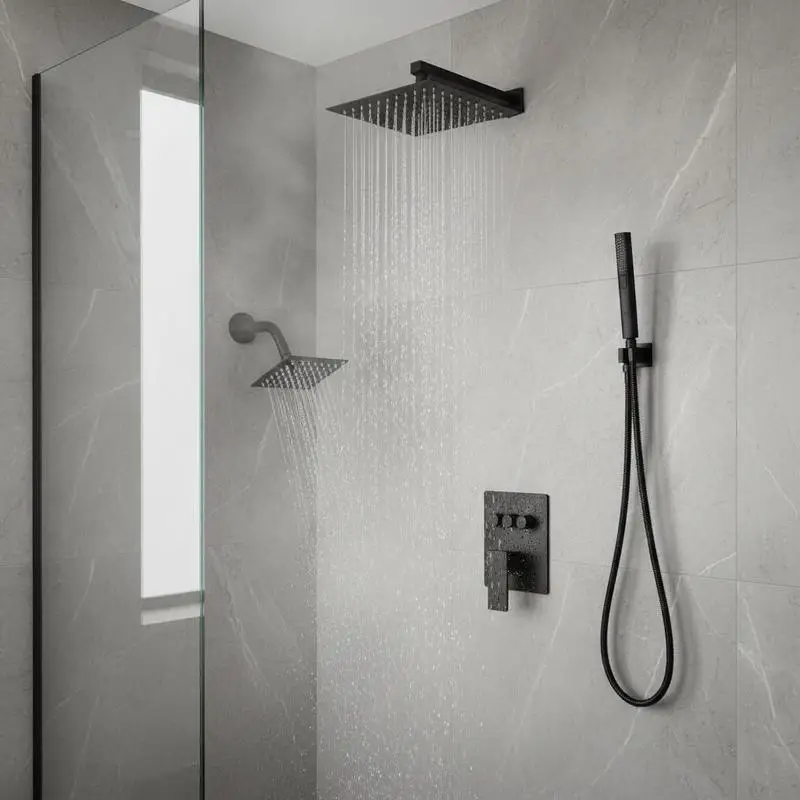 

Matte Black Bathing Fixture Combo 10+6 Inch For Bathroom Apartment Hotel Double Overhead Spray Handheld Wand Rotatable 3-Function Brass Control Valve Trim Kit Ceiling Wall Mount Mixed System