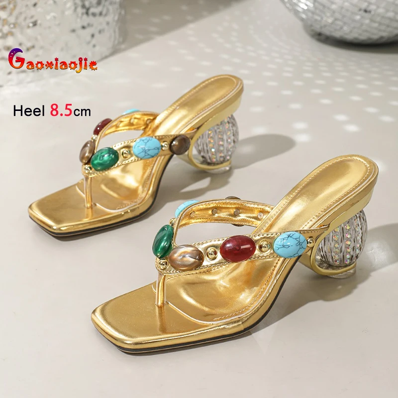 

Gold Slippers Clear crystal Heel Summer Slip-on Shoes For Ladies 8.5CM High Heels Women Bohemian Style Fashion Sandals Flip-Flop