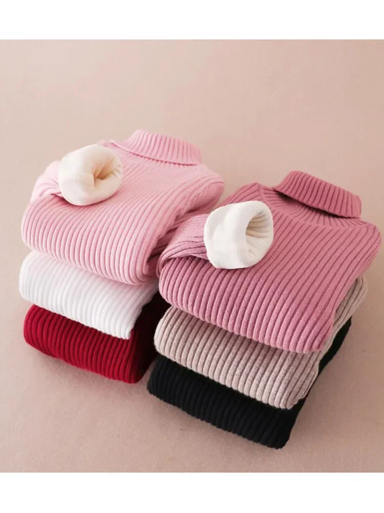 2-14 Boy Winter Fashion Striped Kids Plush Warm Sweater Long-Sleeve Girls Clothes Child Coat Turtleneck Knitted Sweater Outwear