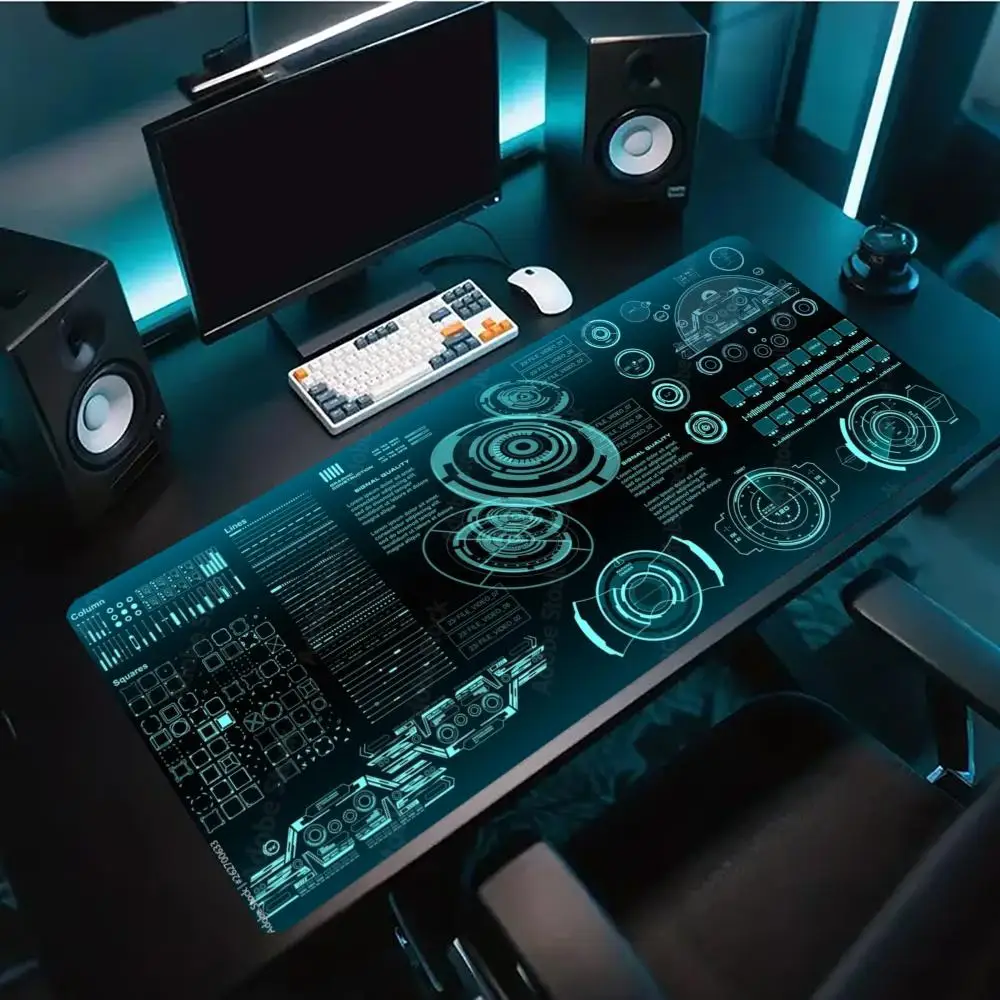 Dark Teal Tech HUD Dashboard Extended Gaming Mouse Pad Non Slip Desk Surface Sci-Fi Interface Print For Gaming And Daily Work