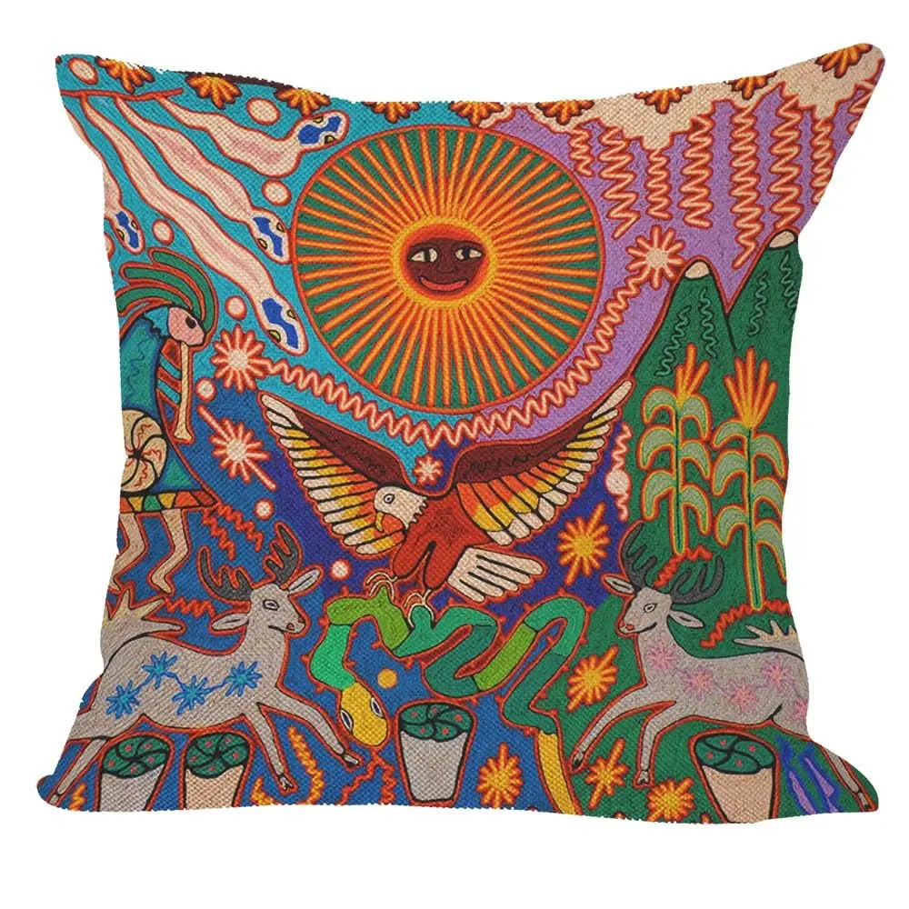 1pc Mexican Huichol Art Cushion Cover, Colorful Sun Eagle Deer Snake Print Throw Pillow Case, Boho Home Decor for Sofa Bedroom