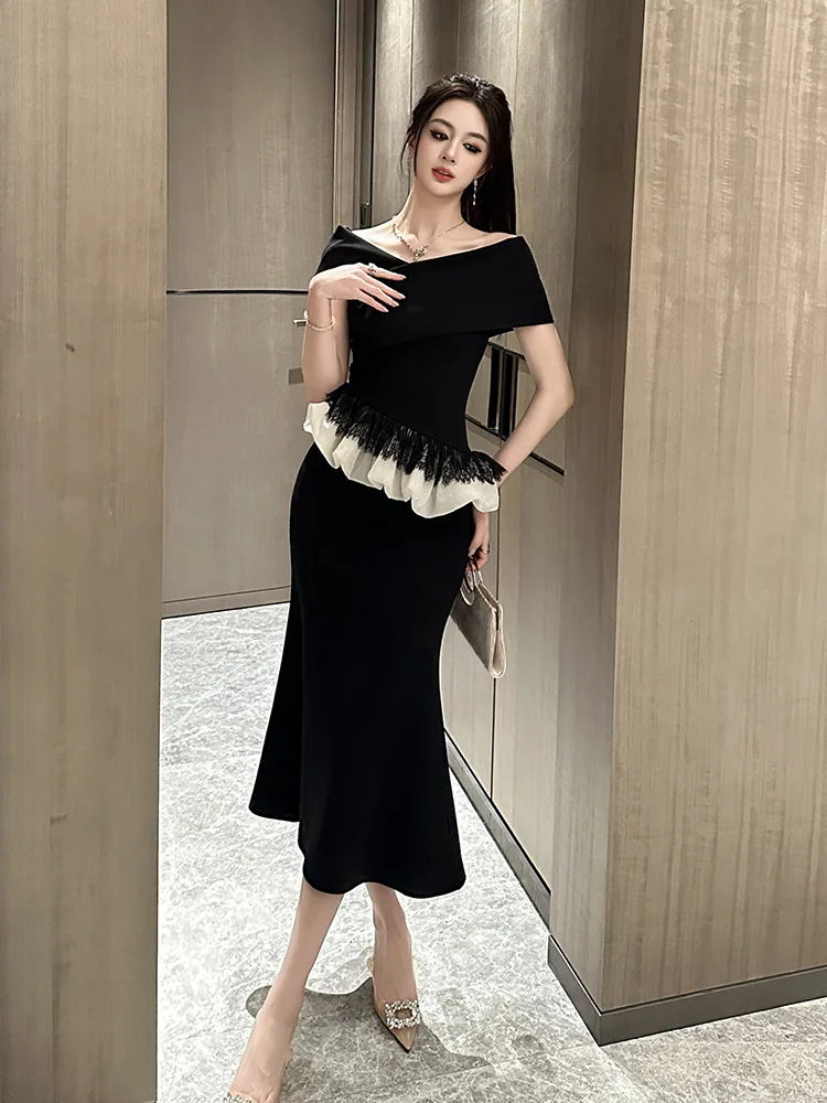 A-Leibniz Damenkleid, schwarzes Kleid, Arbeitskleid, formelles Party-Abendkleid, Hochzeitsbankettkleid 45099