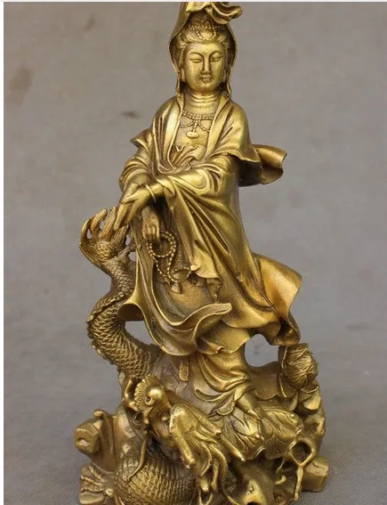 

9" Chinese Brass Buddhism Pray GuanYin Kwan-Yin Pot Goddess Ride Dragon Statue