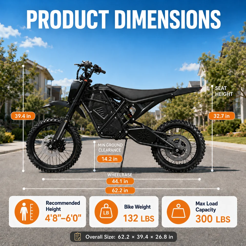 3000W Peak Power Off-Road E-Motorcycle 48V 20.8Ah | 38 MPH Top Speed & 283Nm Torque, 65° Climbing Ability | Dual Suspension Electric Bike with 14" Front / 12" Rear Tires, 40-Mile Range image 9