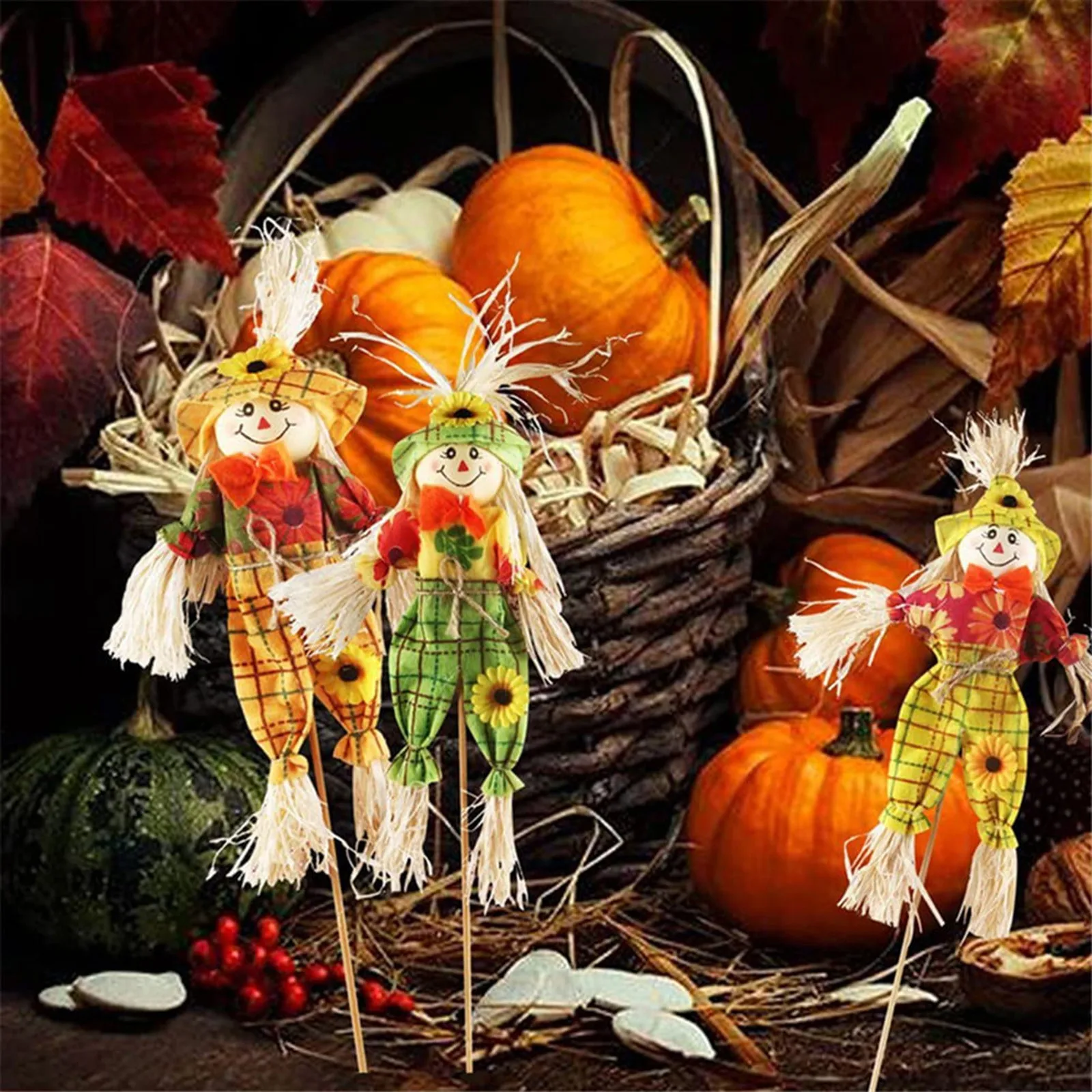 3pcs Small Autumn Harvest Scarecrow Cute Cartoon Decoration For Garden Home Yard Halloween Thanksgiving Party Favors Supplies