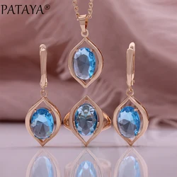 PATAYA Blue Zircon Women 585 Gold Rose Color Round Cubic Zircon Pendant Earrings Rings Sets Optional Necklace Chain Jewelry