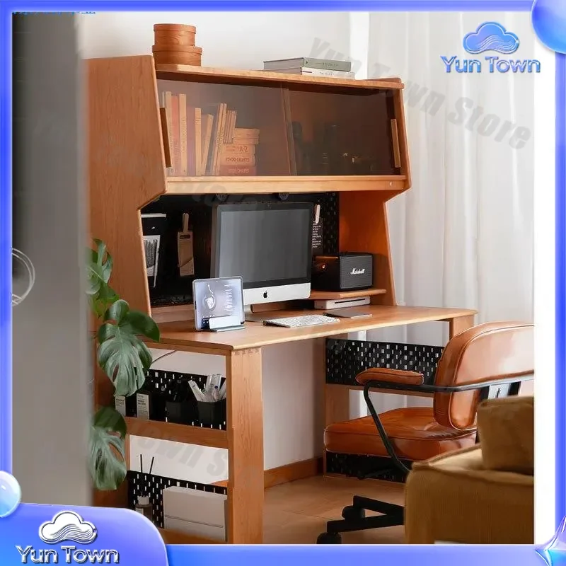 Nordic Simple Solid Wood Cherry Wood Desk Bookshelf Integrated Black Walnut Computer Desk for Children Study Table Home