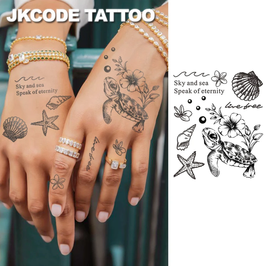 Ocean-Themed Baby Turtle Minimal Tattoo - Herbal Tattoo Stickers Ins Style - Conch Shell, Starfish, Hibiscus Flower Pattern Tattoo - Cute Tattoo Fashion Accessory for Girls, Women's Finger, Hand, Neck Tattoo, Long-Lasting Waterproof for 15 Days