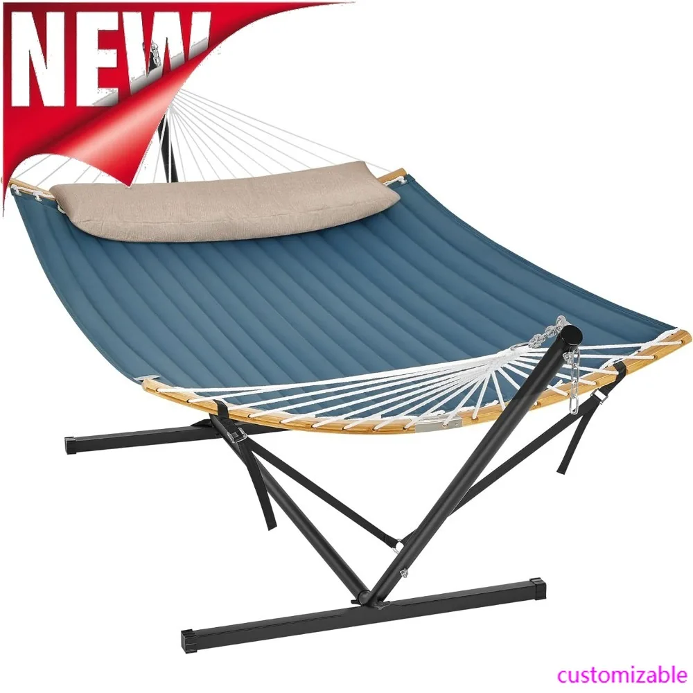 Top Fashion-Hammock With Stand, Quilted Hammock With Curved Bamboo Spreaders, Pillow, 78.7 X 55.1 Inches, Portable Padded Hammoc